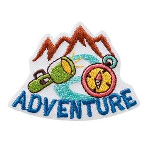 May include: An embroidered patch with a compass, flashlight, and mountains. The text "ADVENTURE" is written in blue below the images.