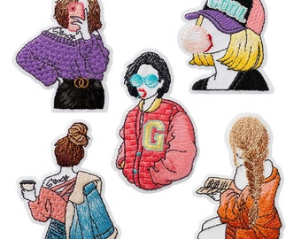 Mono Quick 1222x Girls appliqué, iron-on transfer, girl with coffee, mobile phone, book, college jacket or cap patch