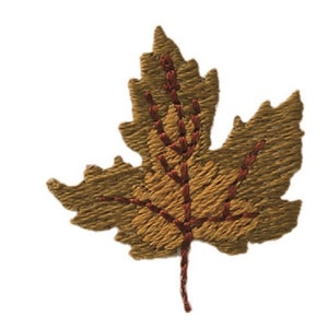 May include: A brown embroidered maple leaf with a red vein pattern.