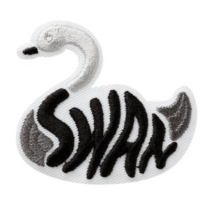 May include: White embroidered iron-on patch of a swan with black and gray stripes forming the word "SWAN" inside the body of the swan.