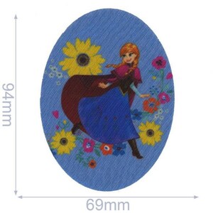 May include: A blue oval fabric patch with a colorful image of a girl in a blue and red dress standing in a field of flowers. The girl has long red hair and is holding a brown cape. The flowers are yellow, red, and pink.