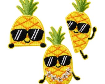 May include: Three yellow pineapple patches with black sunglasses and green leafy tops. One pineapple has a lei. The patches have black arms and legs, and are smiling. The patches are embroidered.