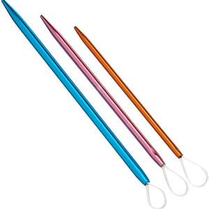 May include: Three metal crochet hooks with loops at the end. The hooks are blue, pink, and orange.