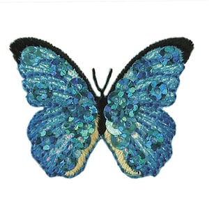 May include: A blue butterfly applique with iridescent sequins. The butterfly has black antennae and a black outline.