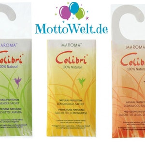May include: Three hanging sachets with a hummingbird logo and the text "Colibri 100% Natural". The sachets are labeled with different scents: Lavender, Lemongrass, and Cedarwood. Each sachet has the text "Natural Protection" and "Protezione Naturale" in Italian.
