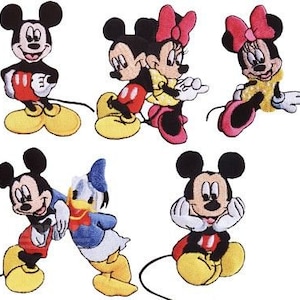May include: Set of six embroidered iron-on patches featuring Mickey Mouse and Minnie Mouse in various poses. The patches are colourful and feature classic Disney characters.