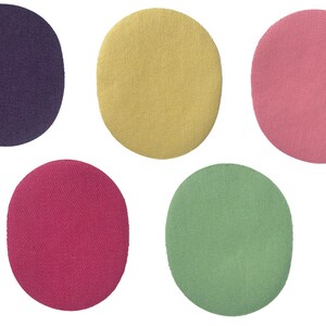 May include: Five fabric swatches in different colours: purple, yellow, pink, red, and green.