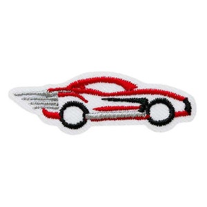May include: Red and white embroidered iron-on patch of a cartoon car with black wheels and a silver exhaust trail.