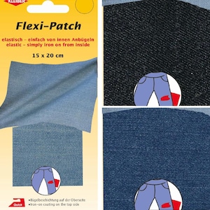 May include: A package of Flexi-Patch denim patches in various shades of blue. The package includes a light blue patch, a dark blue patch, and a black patch. The patches are 15 x 20 cm and are iron-on.