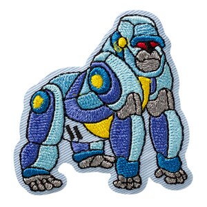 Puede incluir: Un parche bordado de un gorila robot, con colores azul y amarillo. El gorila está de pie sobre un fondo azul claro.