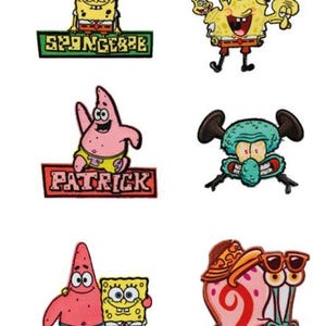 Peut inclure: Collection de patchs brodés représentant les personnages de la série animée Bob l'éponge. Les patchs incluent Bob l'éponge, Patrick, Carlo et Gary, avec leurs noms. Les patchs sont colorés et détaillés.