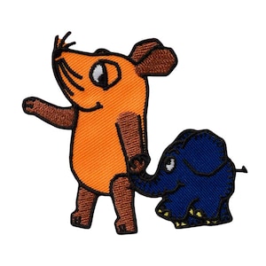 May include: An orange mouse with brown ears and legs is holding the tail of a small blue elephant with yellow feet.