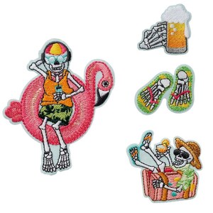 May include: Four embroidered iron-on patches featuring a skeleton on a pink flamingo float, a skeleton holding a drink in a suitcase, a skeleton holding a beer, and a pair of skeleton flip flops.
