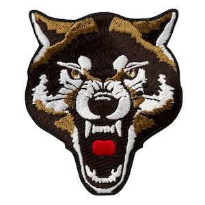 May include: Embroidered patch of a snarling wolf's head with brown, white, and red fur. The wolf's mouth is open, showing sharp teeth and a red tongue.