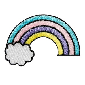 May include: A colourful rainbow patch with a white cloud. The rainbow has five stripes in shades of blue, pink, purple, yellow, and green.