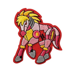 May include: Embroidered iron-on patch of a pink and yellow robot horse with a red background.