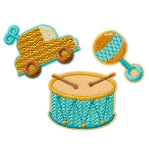 Mono Quick 18104 Create &quot;Baby Toys&quot;, Iron-on Patch Drum Rattle Car