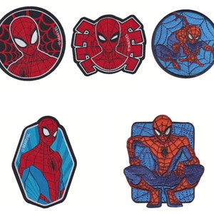 May include: Set of six embroidered iron-on patches featuring Spider-Man in various poses. The patches are red, blue, and black with a white spider web design. The patches are all approximately 2 inches in diameter.