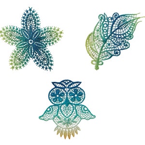 May include: Three green and blue lace appliques in the shapes of a star, a leaf, and an owl. The appliques are made of delicate lace with a gradient of green and blue colors.