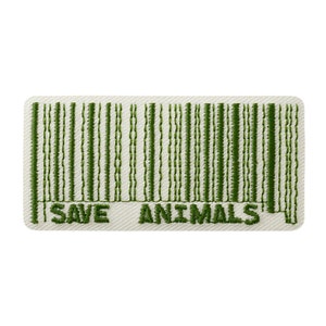 Könnte beinhalten: Grüner gestickter Aufnäher mit einem Barcode-Design und dem Text "SAVE ANIMALS".