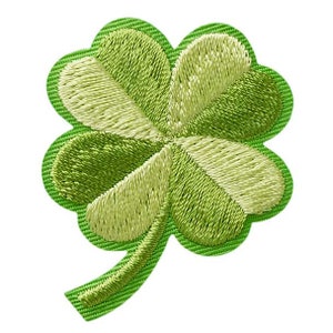 May include: A green four-leaf clover embroidered patch. The clover is made of green fabric with a light green center.