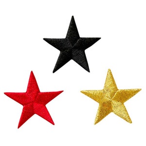 May include: Three embroidered iron-on patches in the shape of stars. The stars are black, red and gold.
