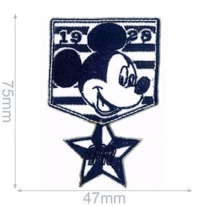 May include: A blue and white embroidered patch featuring Mickey Mouse with the text "1928" above him and a blue star below. The patch measures 47 mm by 75 mm.