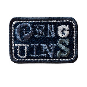 Könnte beinhalten: Ein blauer Jeans-Patch mit weißen Nähten, auf dem in einer stilisierten Schrift "DENIM" und "JINS" steht.