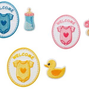May include: Three embroidered iron-on patches with the word "Welcome" and a baby onesie in blue, pink, and yellow. The patches also include a baby bottle, a dummy, and a rubber duck.