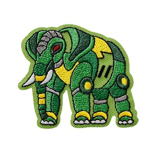 May include: Green embroidered patch of a robot elephant with yellow accents. The elephant has a red eye and is standing on a green background.