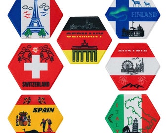 Mono Quick 1414x countries honeycomb, flag application, iron-on transfer, Switzerland Germany Spain Italy Austria Finland France patch