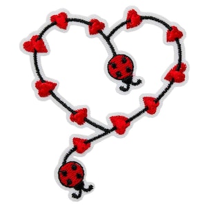 May include: A red and black ladybug heart-shaped embroidered patch with a black outline. The ladybug has black spots and is surrounded by a chain of red hearts.