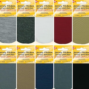 Puede incluir: Una exhibición de parches de jersey en varios colores, incluyendo gris, verde, blanco, burdeos y verde oliva. Cada parche está empaquetado con el texto "Jersey Flicken Jersey patches" y mide 8,5 x 13 cm.