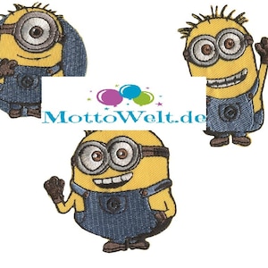 Può includere: Tre toppe ricamate da stirare con un personaggio di minion giallo con una salopette blu e occhiali. Il minion sorride e ha un braccio alzato. Le toppe sono su uno sfondo bianco.