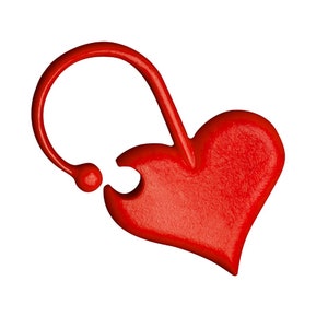 May include: A red heart-shaped object with a puzzle piece cutout. A red loop extends from the top of the heart and forms a circle.