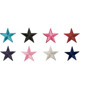 May include: Eight embroidered iron-on patches in the shape of stars. The stars are in the colors teal, black, light pink, dark pink, white, navy blue, red, and dark blue.