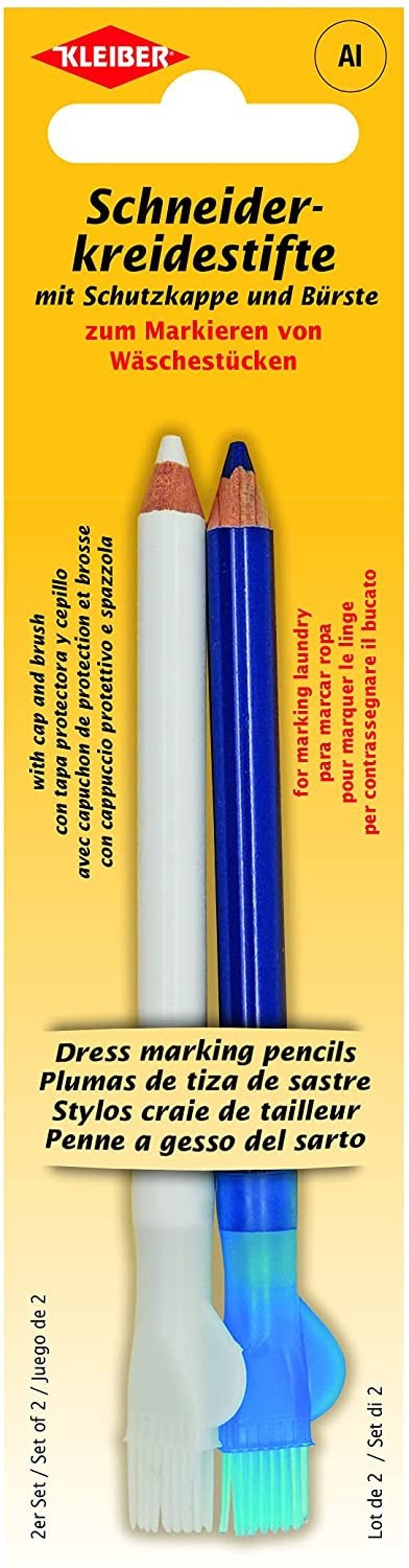May include: Two dress marking pencils with white and blue caps and brushes. The pencils are labeled "Schneider-kreidestifte" and have text in German, English, French, Spanish, Italian, and Portuguese.