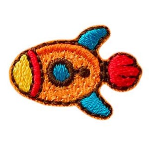 Könnte beinhalten: Orangefarbener, blauer und roter gestickter Raketen-Patch.