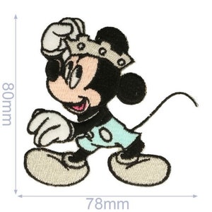 May include: An embroidered iron-on patch featuring Mickey Mouse wearing a crown and blue shorts. The patch is approximately 7.6 cm wide and 7.9 cm tall.