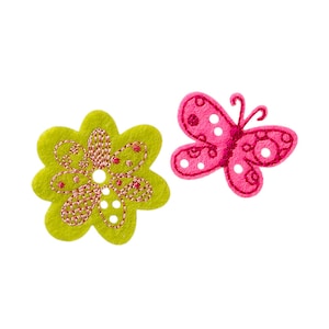 May include: Two felt appliques, one a green flower with pink stitching and the other a pink butterfly with white stitching.