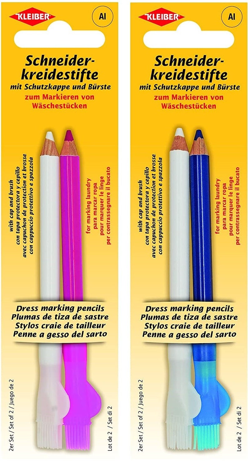 May include: Two sets of dress marking pencils, each set includes a white pencil, a pink pencil, and a brush. The pencils are labeled "Schneider-kreidestifte" with the text "Dress marking pencils" below. The text "2er Set / Set of 2 / Juego de 2" is in the bottom right corner.
