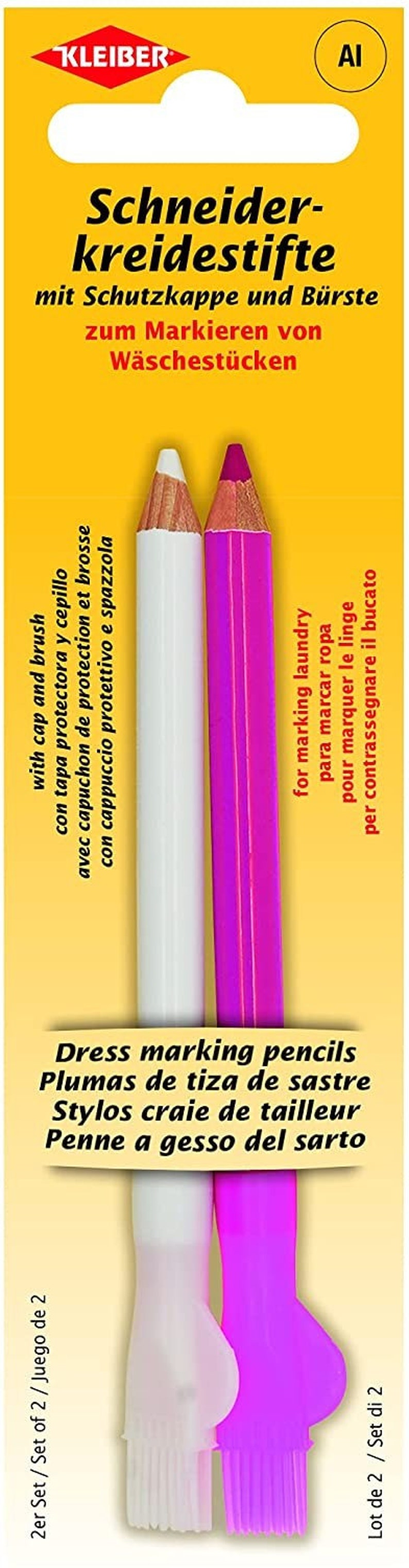 May include: Two dress marking pencils with protective caps and brushes. The pencils are white and pink. The packaging is yellow with the text "Schneider-kreidestifte mit Schutzkappe und B&uuml;rste zum Markieren von W&auml;schest&uuml;cken" in black.