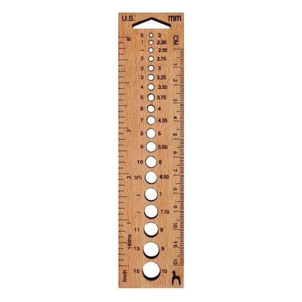 Pony 61018 Needle gauge for knitting needles, rectangular made of wood, 2 - 10 mm, ruler with centimeter and inch indication