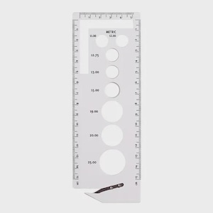 Medidor de agujas de tejer Pony 60668 con cortador de hilo, 11,00-25,00 mm, medidor de agujas, medidor de agujas, regla