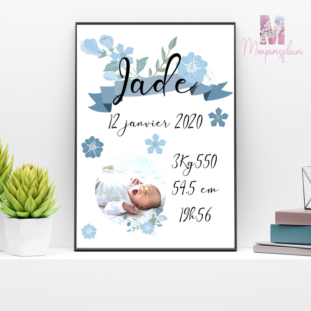 Affiche de Naissance Thème Floral avec Photo | Jade