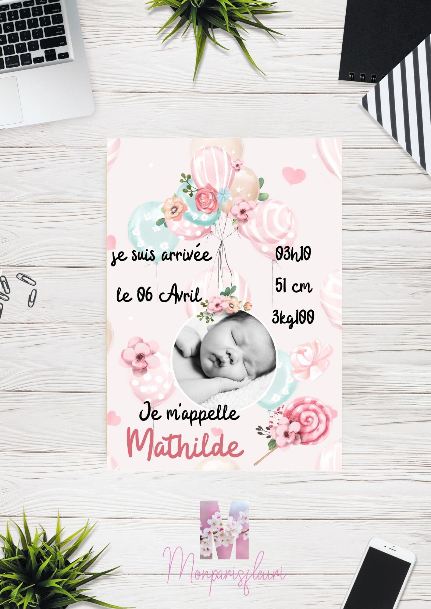 Affiche de Naissance Format A4 Thème Fleurs avec Photo