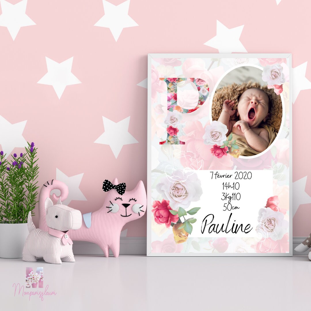 Affiche de Naissance Thème Floral Rouge avec Photo