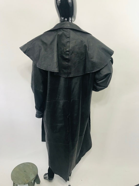 Black Leather Trench Coat w/ Hood / Long Black Leathe… - Gem