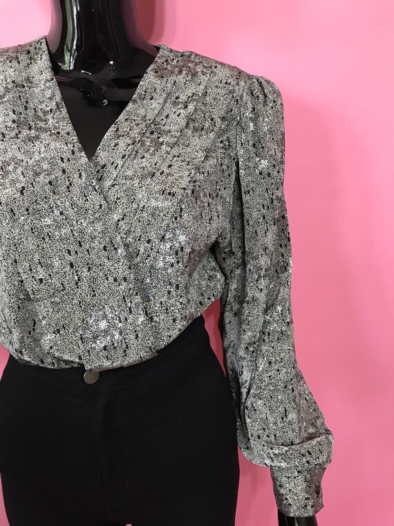 Metallic Deep V Abstract Silver Blouse/ Rolled Col