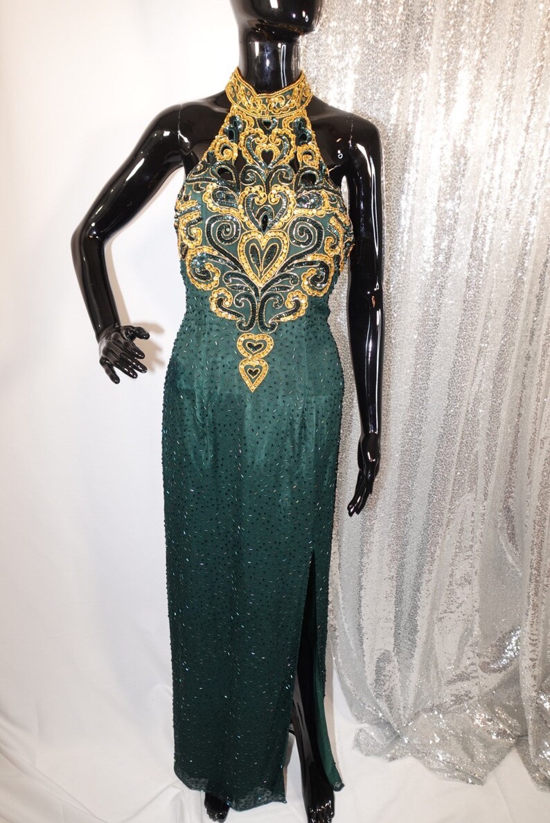 Emerald Green and Gold Sequin Silk Ball Gown/ Maradi Gras Etsy